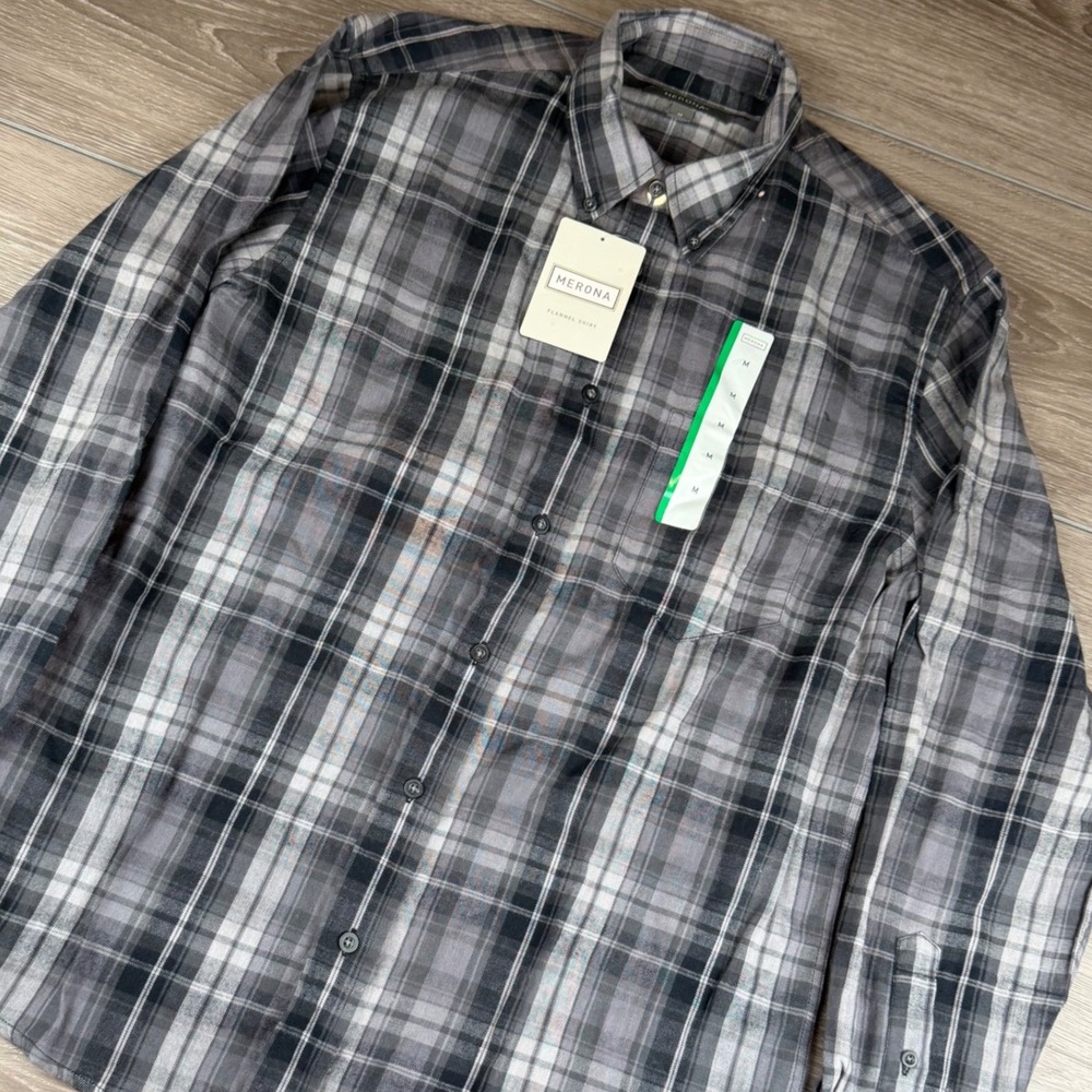 Merona Mens Flannel Shirt Long Sleeve Plaid Grey Black Medium